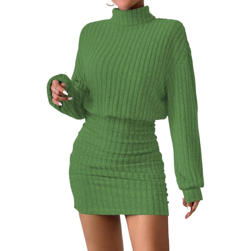 Women Ribbed Knit Sweater Light Green Dress Lantern Sleeve Turtleneck Bodycon